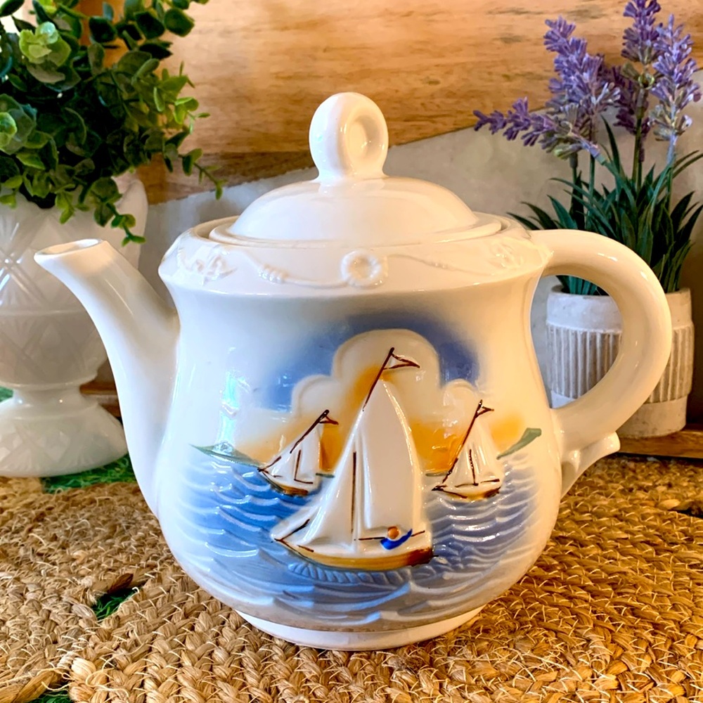 Vintage Porcelier, Tea Coffee Pot with Sailboat Nautical design, EUC